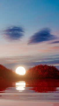 Surreal landscape with a sphere above a lake during sunset
