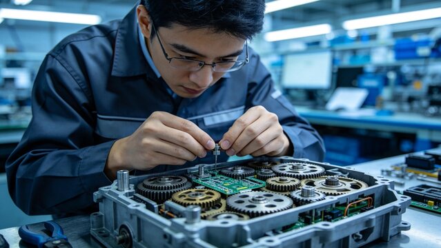 Man assembling mechanical and electronic components