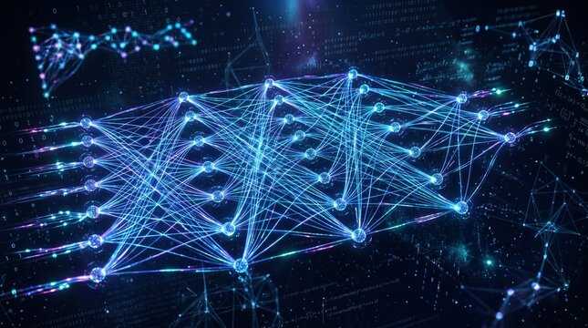 Abstract Neural Network Structure with Glowing Blue Connections and Nodes.