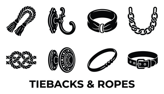 Tiebacks and ropes icons vector set with decorative elements for curtains and interior design applications.
