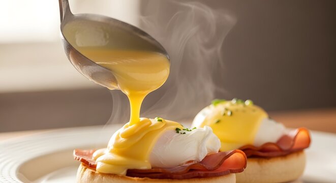 Eggs benedict with hollandaise sauce pouring gourmet breakfast close up