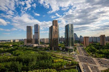 Wangjing CBD urban high-rises and lush greenery landscape, Beijing, China. © 肖勇