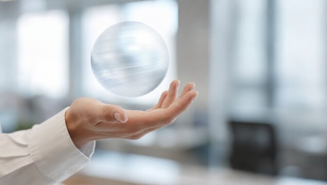 Crystal Orb Mystique: A hand extended upwards, palm open, gently levitates a shimmering crystal orb against a soft-focus office background, symbolizing vision, fortune, or intangible possibilities.