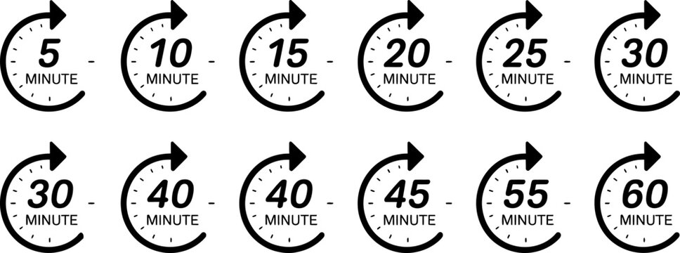 Collection of clock icons with minute markers