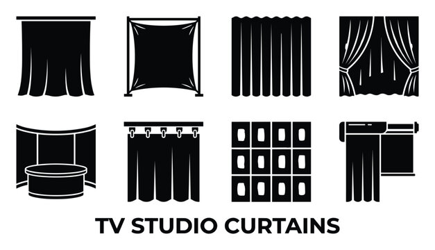 TV studio curtains set including backdrops fabric screens panels tracks and roller blinds black and white.