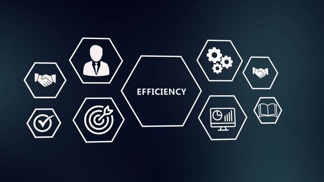 Corporate Productivity Optimization and Resource Efficiency Grid. Hexagonal Dashboard Design Animating Streamlined Workflows, Time Management, and Peak Performance.