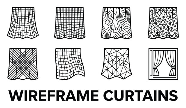 Wireframe curtain designs abstract geometric patterns and fabric textures vector icons.