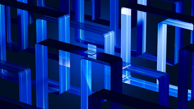 A laptop is placed on a blue tech background with bright lines