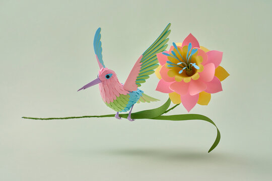 Paper hummingbird and flower on green background