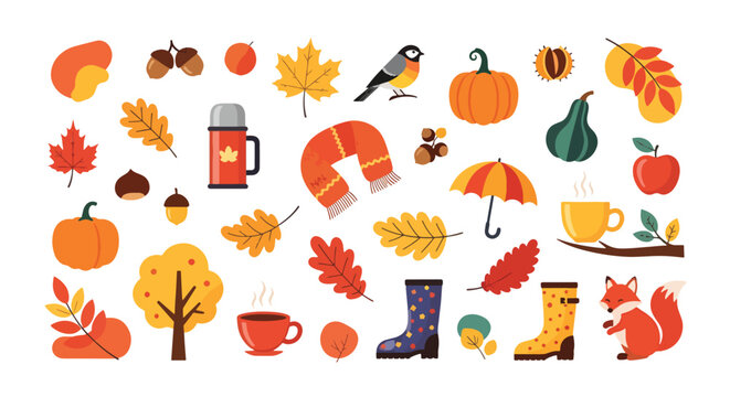 Autumn Season Collection of Various Objects and Elements.