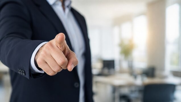 You Are Hired: A confident businessman in a sharp suit points directly at the viewer, an assertive gesture of selection and opportunity within a modern office setting.