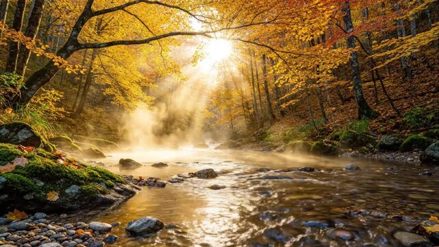Sunbeams over Misty Forest River in Golden Autumn Morning
