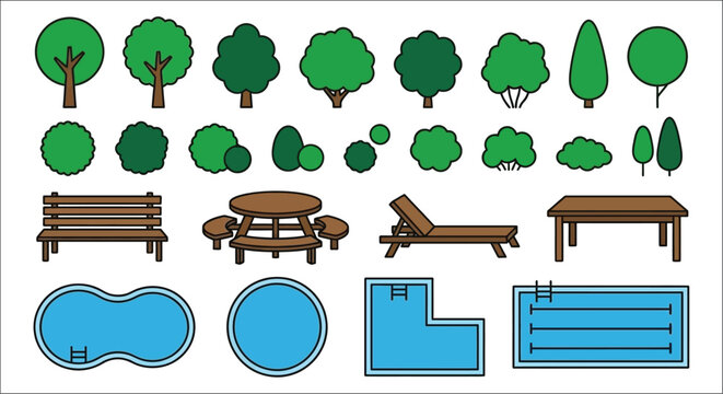 outdoor furniture and trees flat icon set bench picnic table