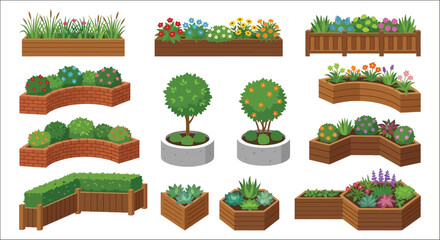 garden beds and planters vector illustration flowers vegetation wooden brick © Vactor media 