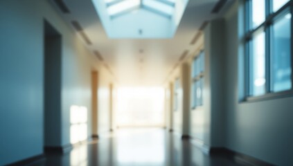 Fototapeta premium Bright Corridor Ahead: An empty, brightly lit corridor with a skylight and large windows stretching towards a glowing exit, conveying a sense of hope and new beginnings.