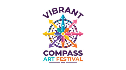 Vibrant compass art festival logo with colorful directional arrows and flower center © motherpixel