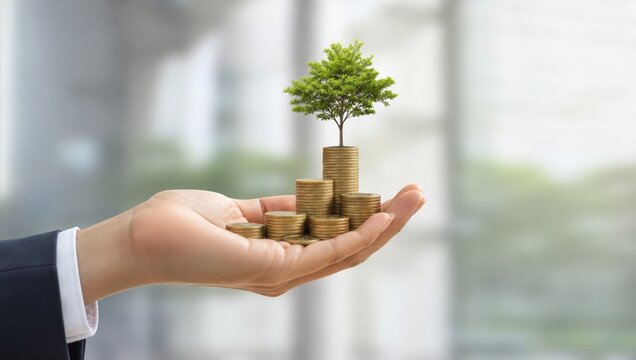 Growth Investment: A hand in a suit offers a small tree growing from stacked coins, symbolizing financial growth and investment, set against a blurred office building background.
