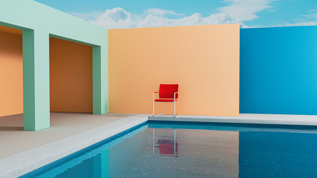 Bright interior of a swimming pool with surrealist chair design