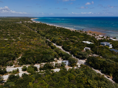Coastal jungle and shoreline road in Tulum Mexico