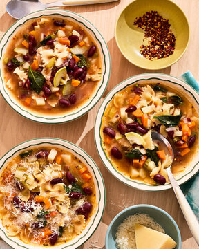 Minestrone soup with vegetables and pasta in bowl