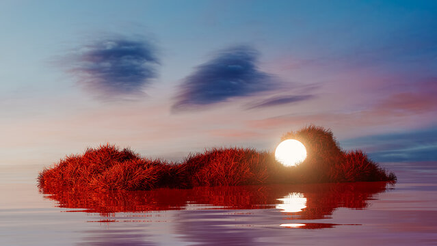 Surreal landscape with a sphere above a lake during sunset