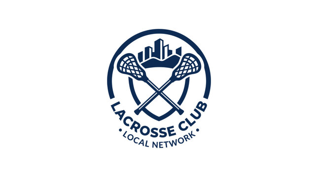 Lacrosse club logo with crossed sticks and cityscape silhouette