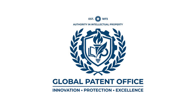 Global Patent Office emblem with flame and quill, vector illustration