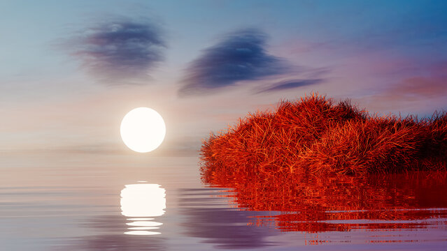 Surreal landscape with a sphere above a lake during sunset