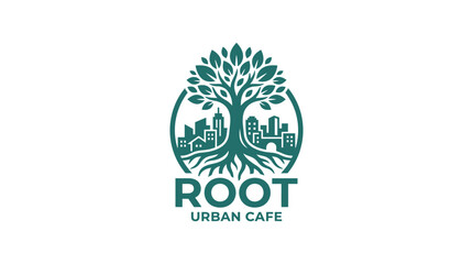 Fototapeta premium Urban tree logo with city skyline and roots, flat design graphic element