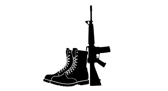 Silhouette of military boots and assault rifle on white background