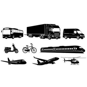 Collection of vintage vehicles and bicycles in black and white.