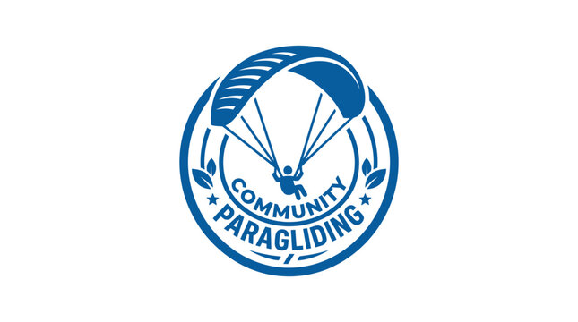 Blue paragliding community emblem with person silhouette flying under canopy, circular graphic element.
