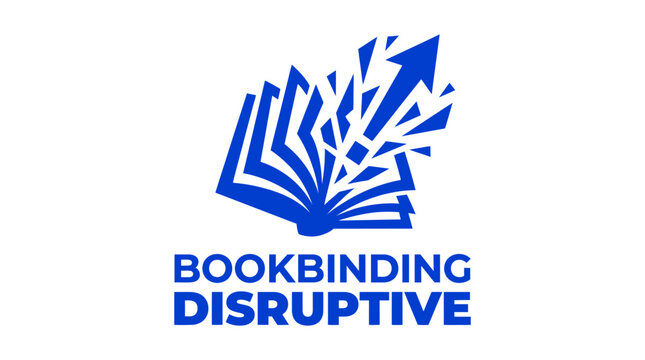 Blue book with abstract exploding pages and upward arrow graphic element
