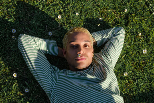 Person lying on grass with hands behind head in park