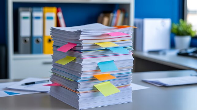 Stack of office documents with colorful sticky notes in workplace environment