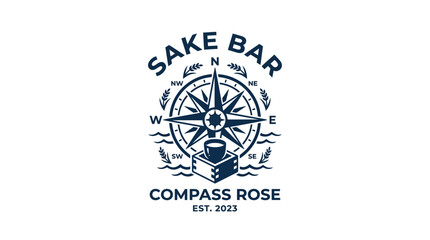 Fototapeta premium Sake bar logo with compass rose and sake cup, vintage style graphic element.