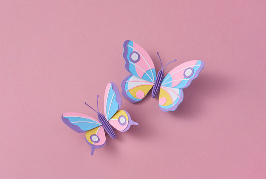 Paper spring craft butterfly pair on pink