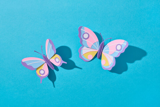 Paper spring craft butterfly duo on blue