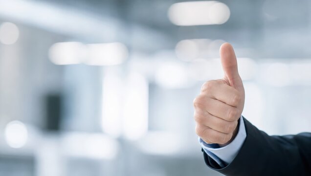 Thumbs Up for Success: A man in a business suit gives a thumbs-up gesture, signifying approval and success in a clean, modern office environment.