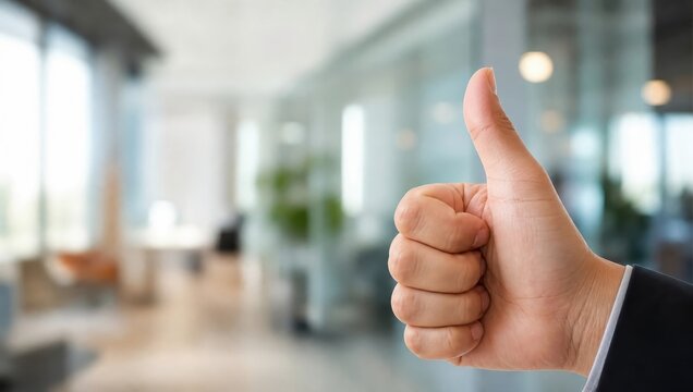 Thumbs Up in Office: A close-up shot of a hand giving a thumbs up gesture in a blurred office environment, conveying approval and positivity in a professional setting.