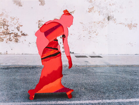 Analog collage silhouette of a skateboarder