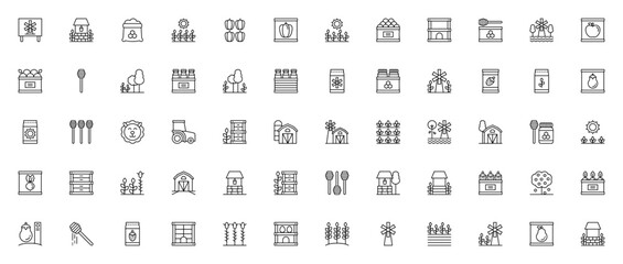 Agriculture icon set. Farm vector icon pack. Minimalist line icons. Featuring windmill, well, flour, crop, pumpkin, vegetable, eggs, chicken coop, honey, mill, apple, harvest, tree, milk, sheep, tract © wang