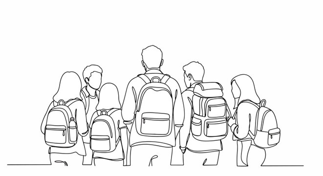 Group of students with backpacks seen from behind ready for school.