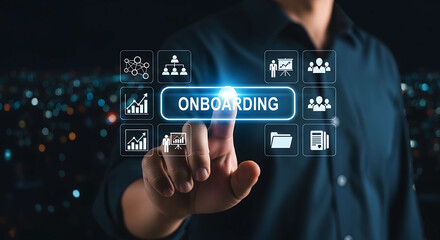 Fototapeta premium Business onboarding concept with person touching button on virtual screen