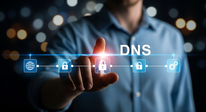 DNS Security Concept with Hand Touching Padlock Icon on Digital Interface