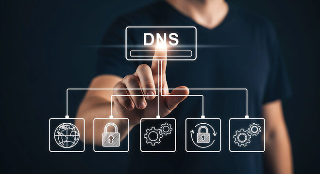 DNS network infrastructure management and cybersecurity concept for data privacy