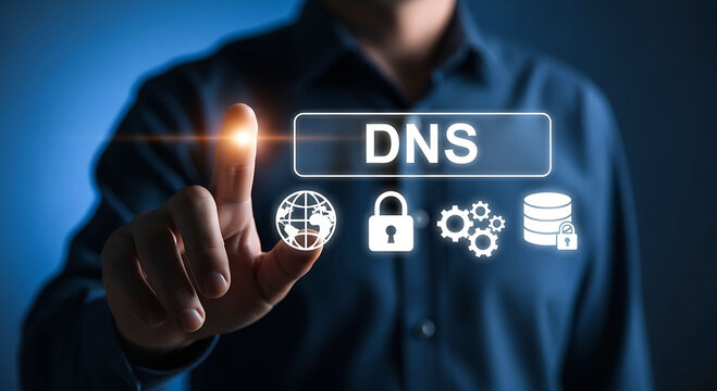 Man pressing virtual DNS button on digital interface for secure internet network
