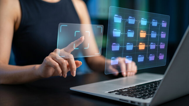 Hand interacting with holographic document management system, digital file organization, enterprise data retrieval, cloud storage, records management, document indexing, business technology, workflow 