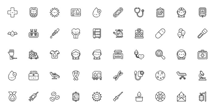 Blood donation icon set. Minimal line icons. Includes hospital, blood bag, donor, syringe, stethoscope, ambulance, test tube, heart, nurse, and more. Editable stroke.