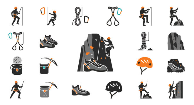 Rock Climbing Gear and Climbers Flat Icons Set.